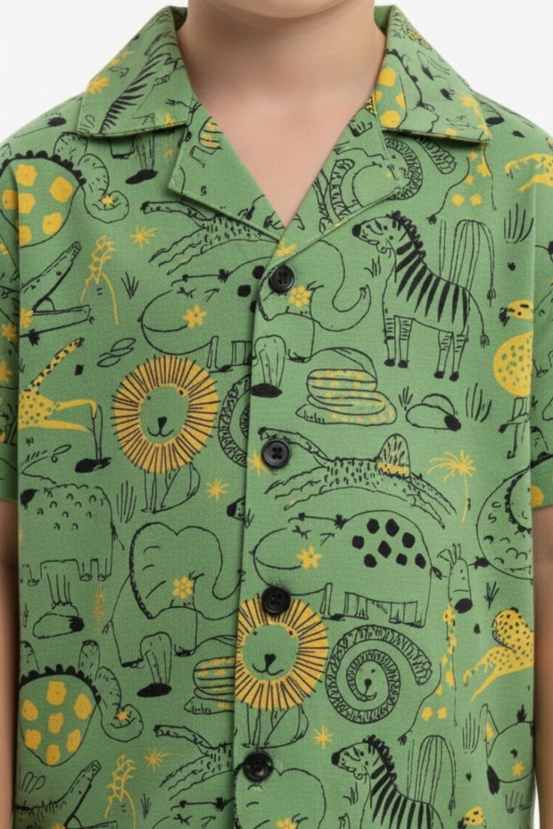 Erkek Çocuk Safari Hayvan Desenli %100 Pamuk Reaktif Boyama Süprem Kısa Kollu Gömlek Pijama Takımı