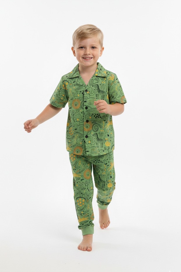 Erkek Çocuk Safari Hayvan Desenli %100 Pamuk Reaktif Boyama Süprem Kısa Kollu Gömlek Pijama Takımı