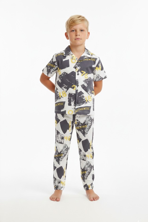 Garson Erkek Çocuk Baskılı %100 Pamuk Reaktif Boyama Süprem Kısa Kollu Gömlek Pijama Takımı