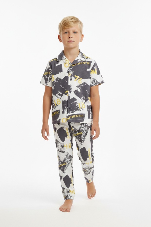 Garson Erkek Çocuk Baskılı %100 Pamuk Reaktif Boyama Süprem Kısa Kollu Gömlek Pijama Takımı
