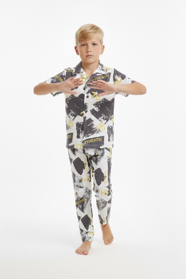 Garson Erkek Çocuk Baskılı %100 Pamuk Reaktif Boyama Süprem Kısa Kollu Gömlek Pijama Takımı