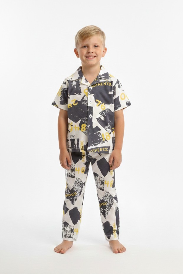 Erkek Çocuk Baskılı %100 Pamuk Reaktif Boyama Süprem Kısa Kollu Gömlek Pijama Takımı