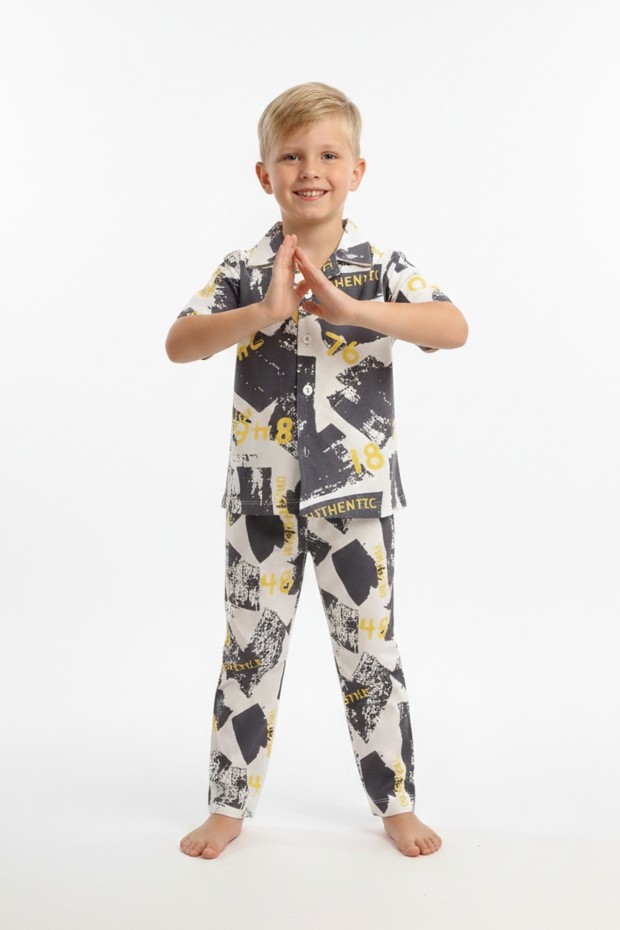Erkek Çocuk Baskılı %100 Pamuk Reaktif Boyama Süprem Kısa Kollu Gömlek Pijama Takımı