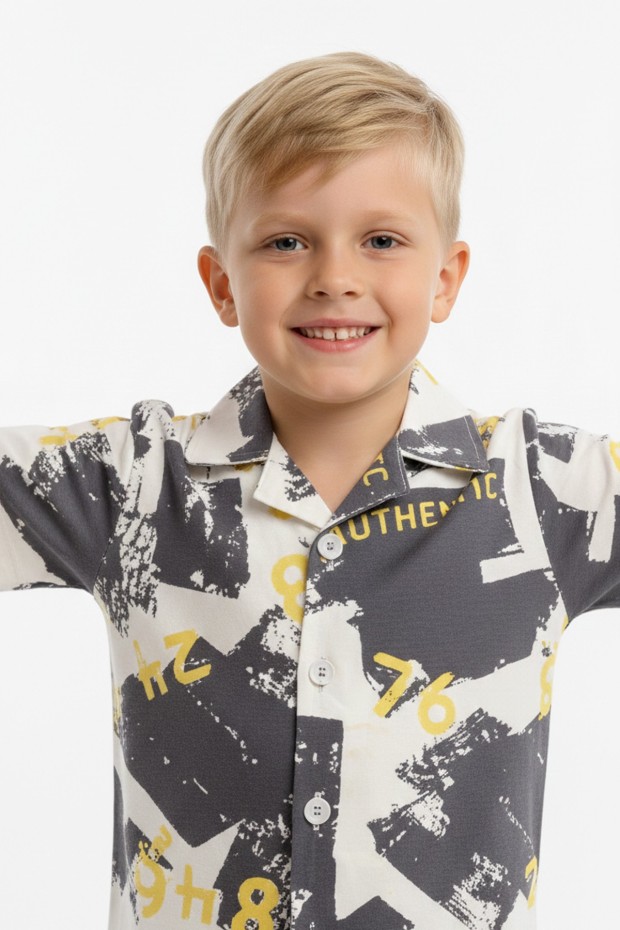 Erkek Çocuk Baskılı %100 Pamuk Reaktif Boyama Süprem Kısa Kollu Gömlek Pijama Takımı