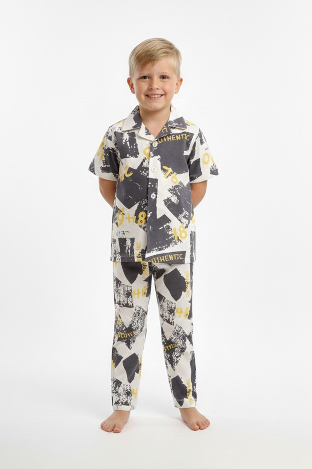 Erkek Çocuk Baskılı %100 Pamuk Reaktif Boyama Süprem Kısa Kollu Gömlek Pijama Takımı