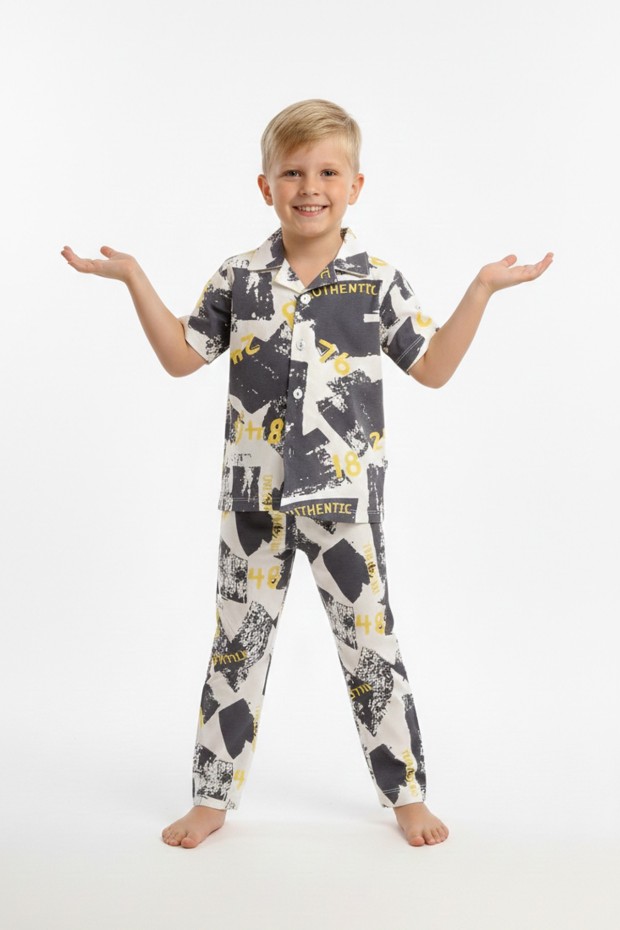 Erkek Çocuk Baskılı %100 Pamuk Reaktif Boyama Süprem Kısa Kollu Gömlek Pijama Takımı