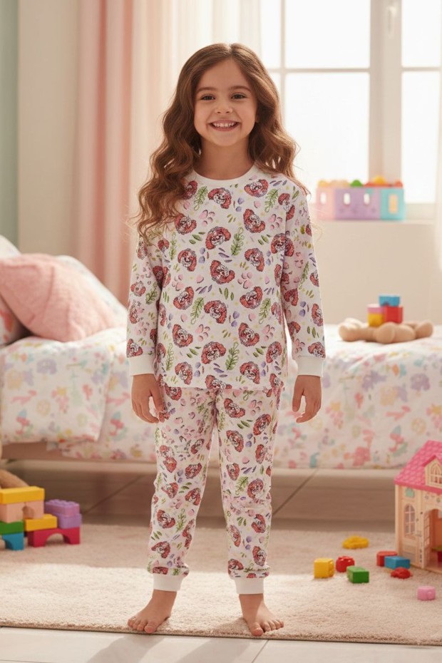 Kız Çocuk Köpek Desenli %100 Pamuk Reaktif Boyalı Süprem Kumaş Uzun Kollu Pijama Takımı