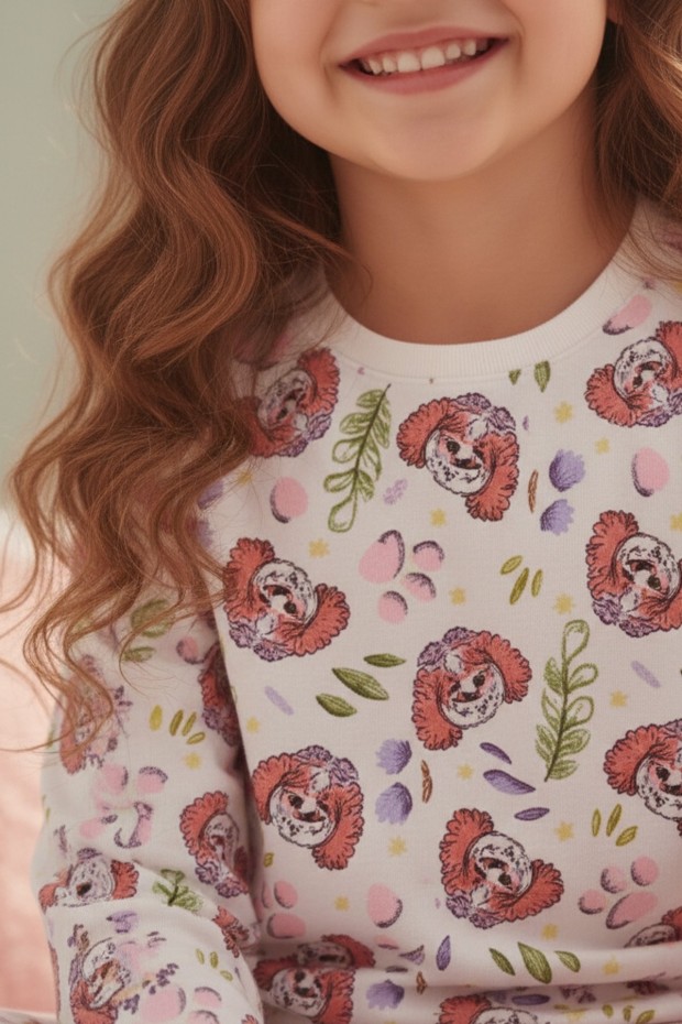 Kız Çocuk Köpek Desenli %100 Pamuk Reaktif Boyalı Süprem Kumaş Uzun Kollu Pijama Takımı