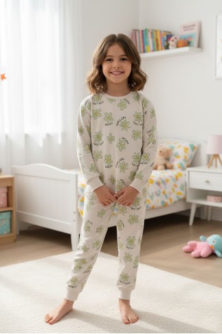 Kız Çocuk Papatya Desenli %100 Pamuk Reaktif Boyalı Süprem Kumaş Uzun Kollu Pijama Takımı