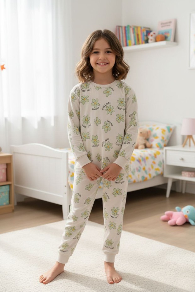 Kız Çocuk Papatya Desenli %100 Pamuk Reaktif Boyalı Süprem Kumaş Uzun Kollu Pijama Takımı