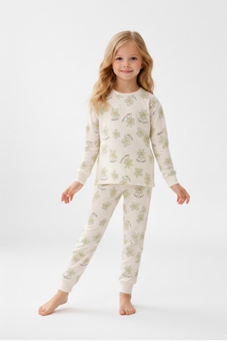 Kız Çocuk Papatya Desenli %100 Pamuk Reaktif Boyalı Süprem Kumaş Uzun Kollu Pijama Takımı
