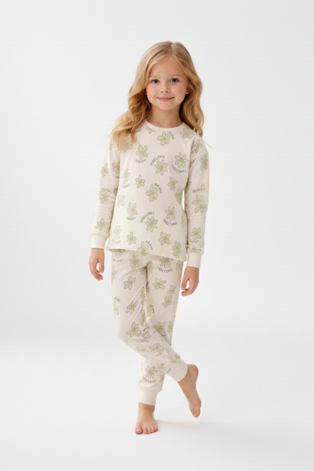 Kız Çocuk Papatya Desenli %100 Pamuk Reaktif Boyalı Süprem Kumaş Uzun Kollu Pijama Takımı