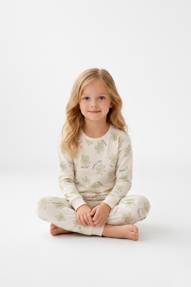 Kız Çocuk Papatya Desenli %100 Pamuk Reaktif Boyalı Süprem Kumaş Uzun Kollu Pijama Takımı