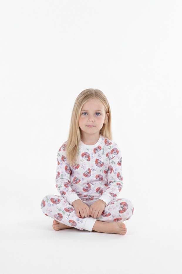 Kız Çocuk Köpek Desenli %100 Pamuk Reaktif Boyalı Süprem Kumaş Uzun Kollu Pijama Takımı