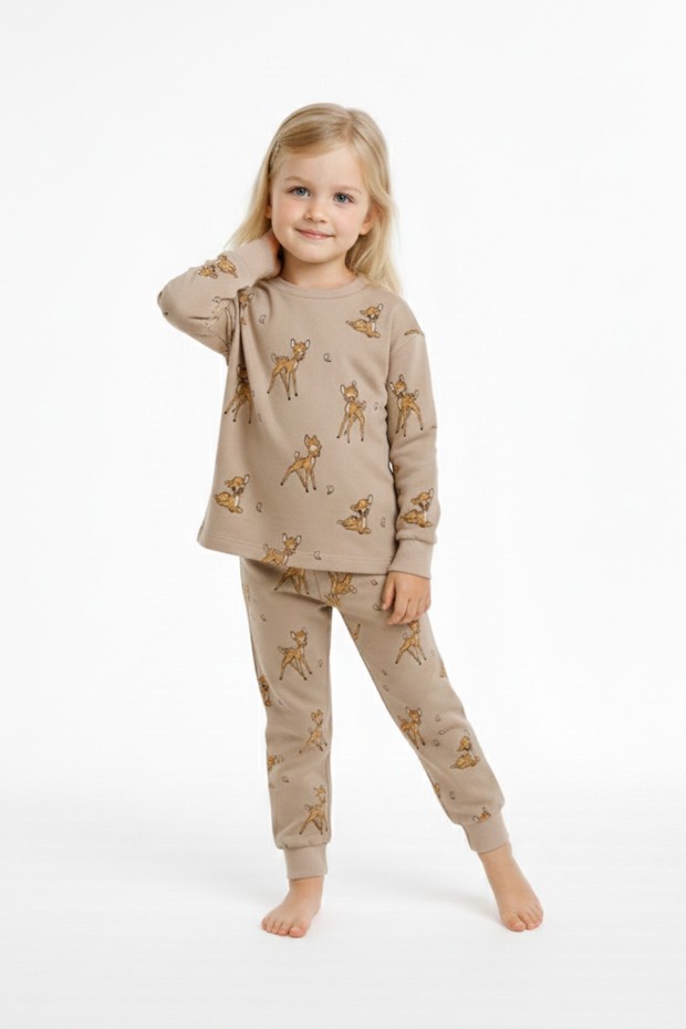 Kız Çocuk Baskılı %100 Pamuk Reaktif Boyalı Süprem Kumaş Uzun Kollu Pijama Takımı 