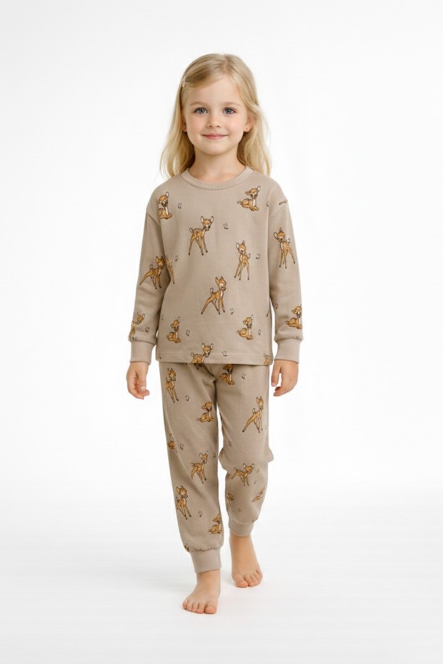 Kız Çocuk Baskılı %100 Pamuk Reaktif Boyalı Süprem Kumaş Uzun Kollu Pijama Takımı 