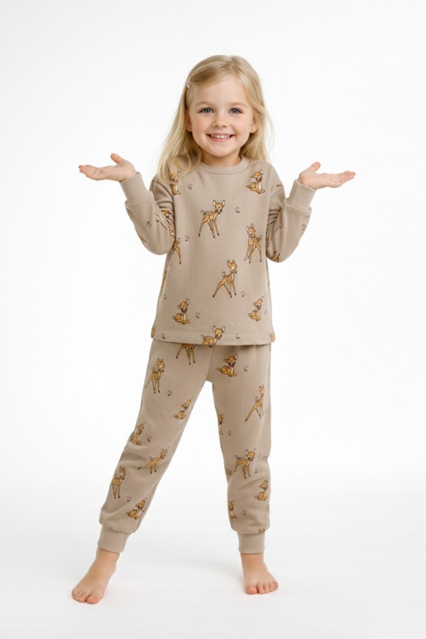 Kız Çocuk Baskılı %100 Pamuk Reaktif Boyalı Süprem Kumaş Uzun Kollu Pijama Takımı 