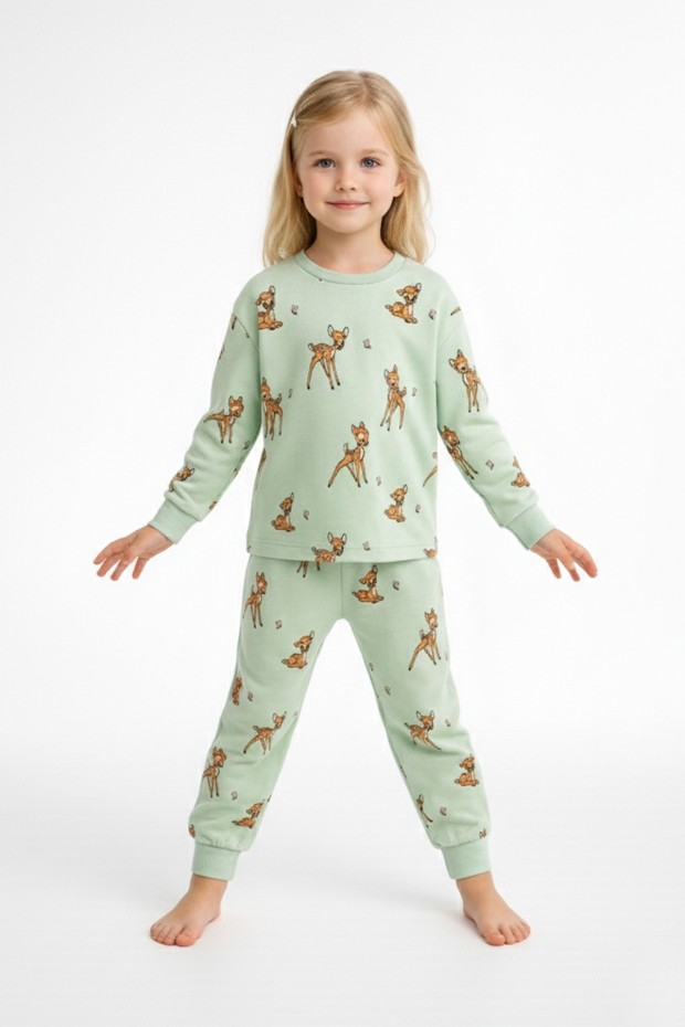 Kız Çocuk Baskılı %100 Pamuk Reaktif Boyalı Süprem Kumaş Uzun Kollu Pijama Takımı