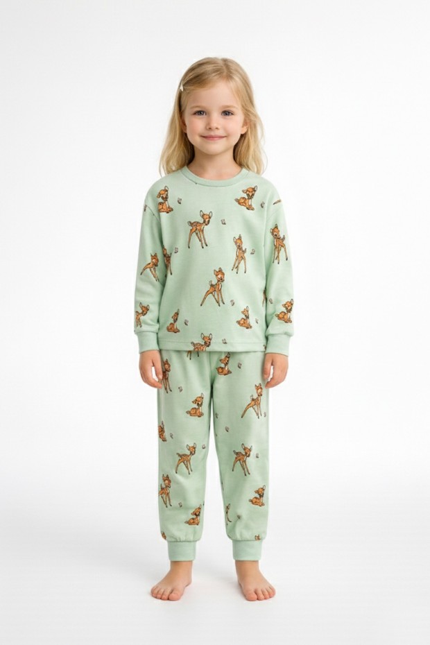 Kız Çocuk Baskılı %100 Pamuk Reaktif Boyalı Süprem Kumaş Uzun Kollu Pijama Takımı