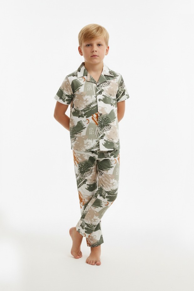 Garson Erkek Çocuk Fırça Darbeli %100 Pamuk Reaktif Boyama Süprem Kısa Kollu Gömlek Pijama Takımı