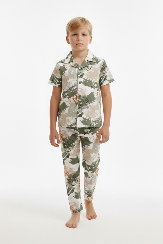 Garson Erkek Çocuk Fırça Darbeli %100 Pamuk Reaktif Boyama Süprem Kısa Kollu Gömlek Pijama Takımı