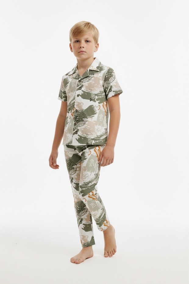 Garson Erkek Çocuk Fırça Darbeli %100 Pamuk Reaktif Boyama Süprem Kısa Kollu Gömlek Pijama Takımı