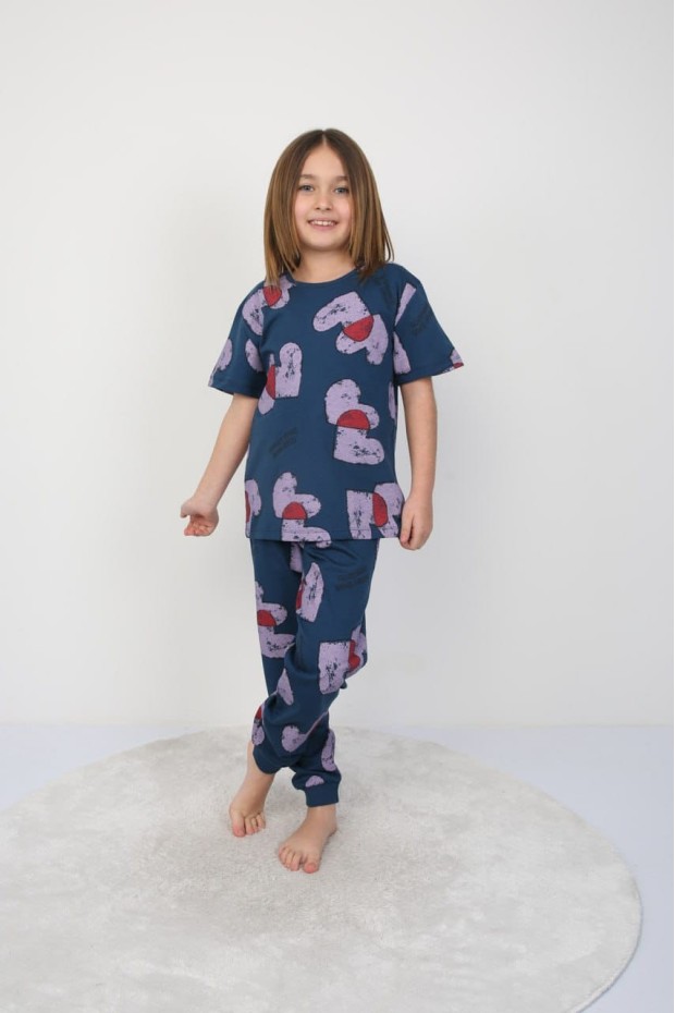 Kız Çocuk Kalp Desenli %100 Pamuk Reaktif Boyalı Süprem Kumaş Kısa Kollu Pijama Takımı