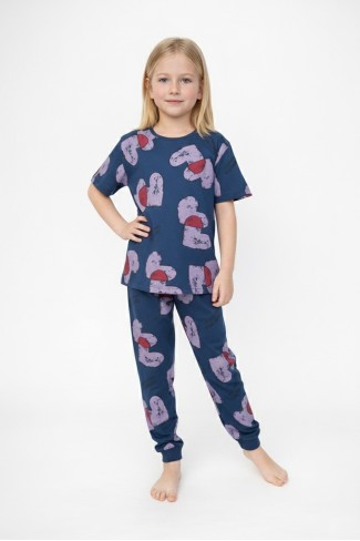 Kız Çocuk Kalp Desenli %100 Pamuk Reaktif Boyalı Süprem Kumaş Kısa Kollu Pijama Takımı