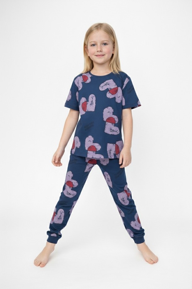 Kız Çocuk Kalp Desenli %100 Pamuk Reaktif Boyalı Süprem Kumaş Kısa Kollu Pijama Takımı