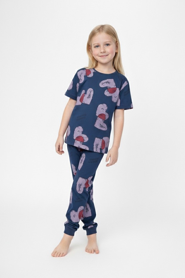 Kız Çocuk Kalp Desenli %100 Pamuk Reaktif Boyalı Süprem Kumaş Kısa Kollu Pijama Takımı