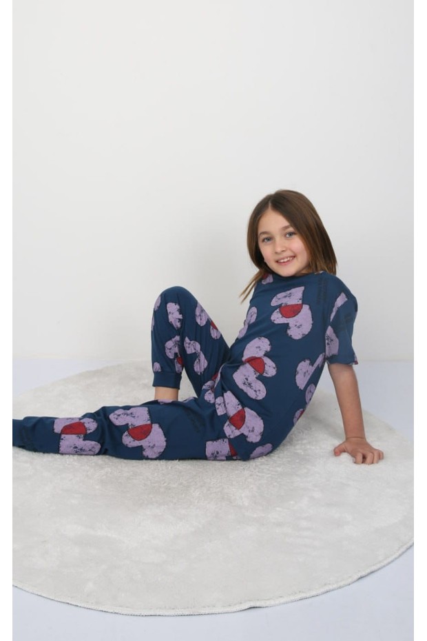 Kız Çocuk Kalp Desenli %100 Pamuk Reaktif Boyalı Süprem Kumaş Kısa Kollu Pijama Takımı