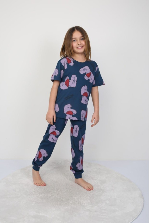 Kız Çocuk Kalp Desenli %100 Pamuk Reaktif Boyalı Süprem Kumaş Kısa Kollu Pijama Takımı