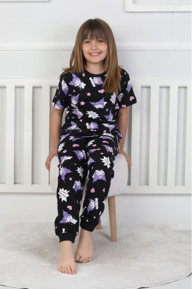 Kız Çocuk Baskılı %100 Pamuk Reaktif Boyalı Süprem Kumaş Kısa Kollu Pijama Takımı