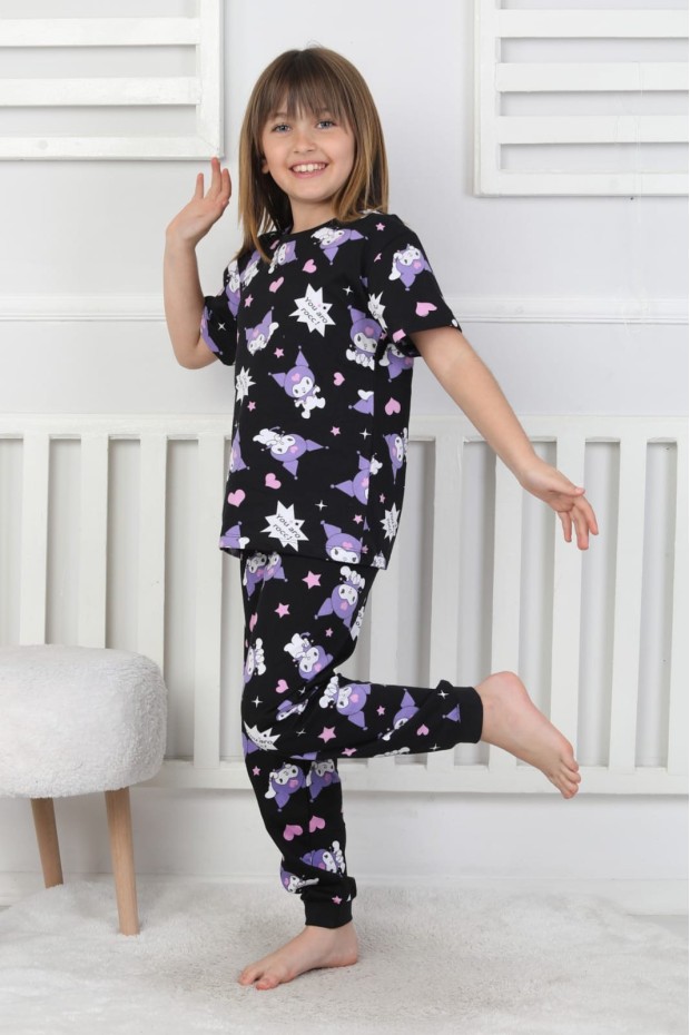 Kız Çocuk Baskılı %100 Pamuk Reaktif Boyalı Süprem Kumaş Kısa Kollu Pijama Takımı