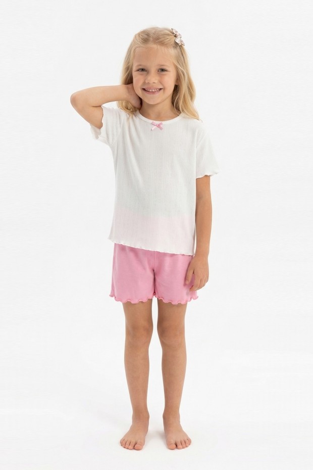 Kız Çocuk Kısa Kollu Bisiklet Yaka Tişört Ve Şortlu Pamuklu Yazlık Pijama Takımı