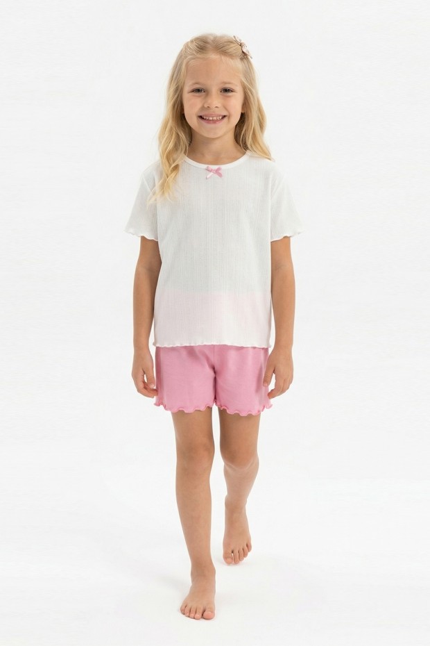 Kız Çocuk Kısa Kollu Bisiklet Yaka Tişört Ve Şortlu Pamuklu Yazlık Pijama Takımı