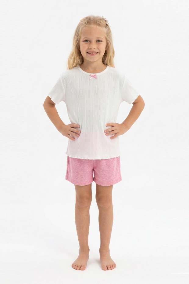 Kız Çocuk Kısa Kollu Bisiklet Yaka Tişört Ve Şortlu Pamuklu Yazlık Pijama Takımı