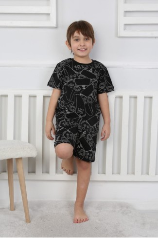 Erkek Çocuk Çoklu Gülen Yüz Baskılı %100 Pamuk Reaktif Boyama Süprem Şortlu Pijama Takımı 