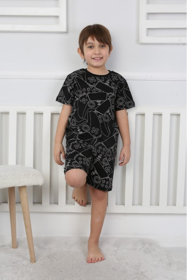 Erkek Çocuk Çoklu Gülen Yüz Baskılı %100 Pamuk Reaktif Boyama Süprem Şortlu Pijama Takımı 