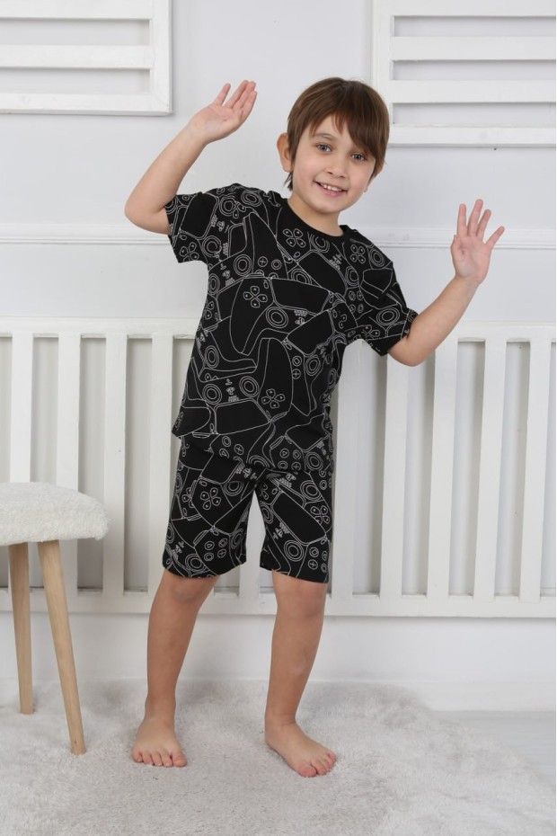Erkek Çocuk Çoklu Gülen Yüz Baskılı %100 Pamuk Reaktif Boyama Süprem Şortlu Pijama Takımı 