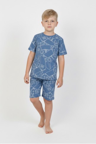 Erkek Çocuk Çoklu Gülen Yüz Baskılı %100 Pamuk Reaktif Boyama Süprem Şortlu Pijama Takımı 