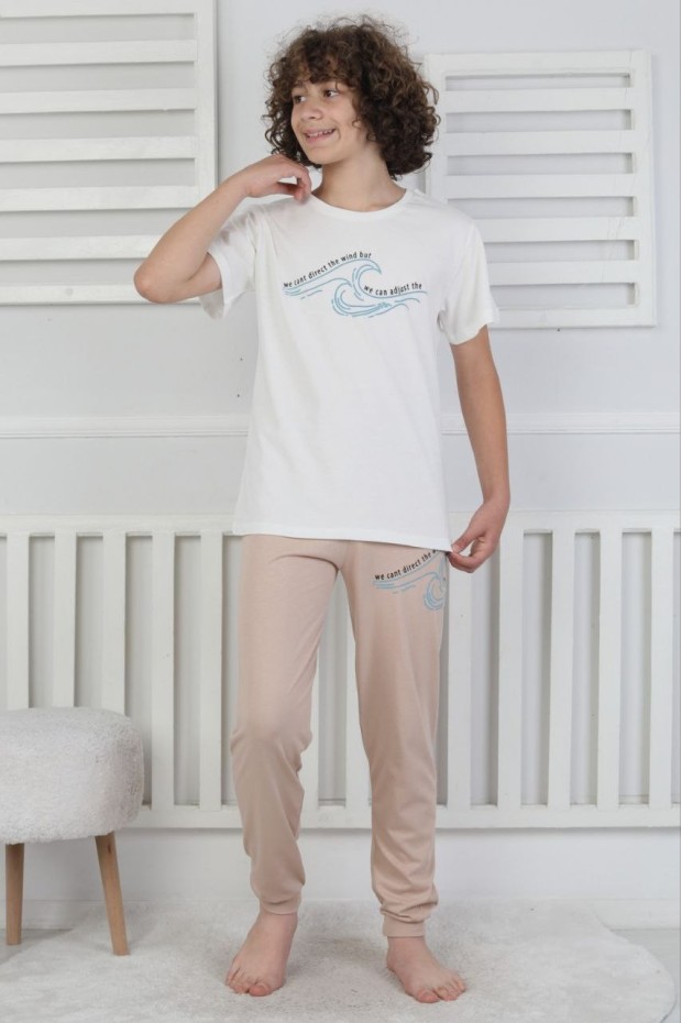 Garson Erkek Çocuk Dalga Desen Arka Baskılı %100 Pamuk Reaktif Boyama Süprem Pijama Takımı