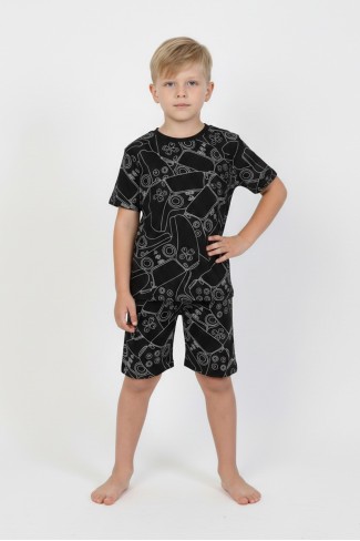 Erkek Çocuk Çoklu Gülen Yüz Baskılı %100 Pamuk Reaktif Boyama Süprem Şortlu Pijama Takımı 