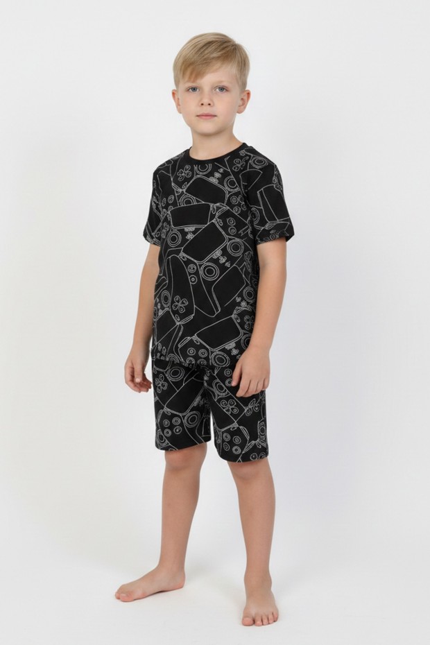 Erkek Çocuk Çoklu Gülen Yüz Baskılı %100 Pamuk Reaktif Boyama Süprem Şortlu Pijama Takımı 