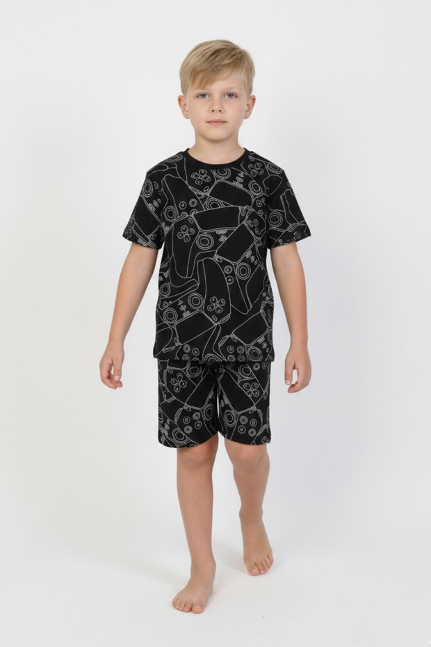 Erkek Çocuk Çoklu Gülen Yüz Baskılı %100 Pamuk Reaktif Boyama Süprem Şortlu Pijama Takımı 
