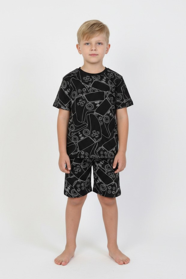 Erkek Çocuk Çoklu Gülen Yüz Baskılı %100 Pamuk Reaktif Boyama Süprem Şortlu Pijama Takımı 