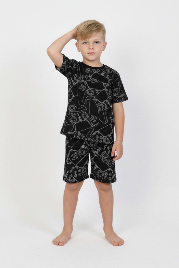 Erkek Çocuk Çoklu Gülen Yüz Baskılı %100 Pamuk Reaktif Boyama Süprem Şortlu Pijama Takımı 