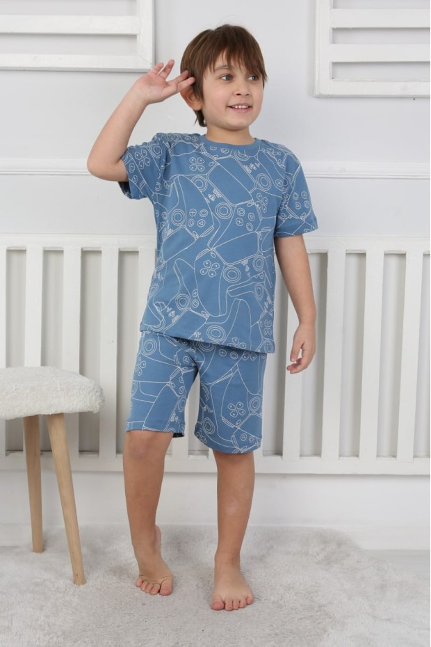 Erkek Çocuk Çoklu Gülen Yüz Baskılı %100 Pamuk Reaktif Boyama Süprem Şortlu Pijama Takımı 