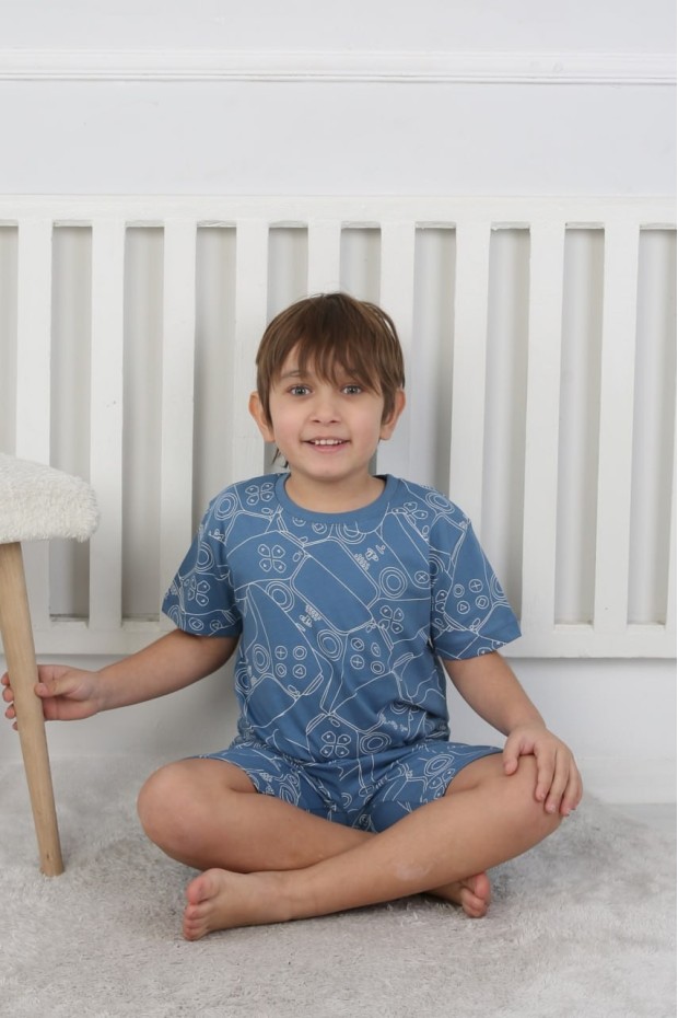 Erkek Çocuk Çoklu Gülen Yüz Baskılı %100 Pamuk Reaktif Boyama Süprem Şortlu Pijama Takımı 
