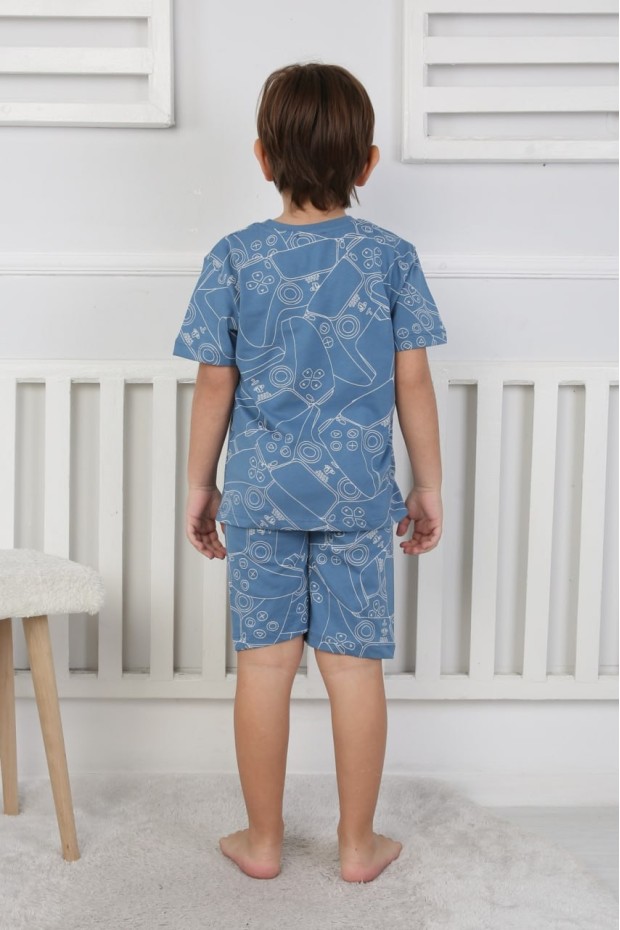 Erkek Çocuk Çoklu Gülen Yüz Baskılı %100 Pamuk Reaktif Boyama Süprem Şortlu Pijama Takımı 